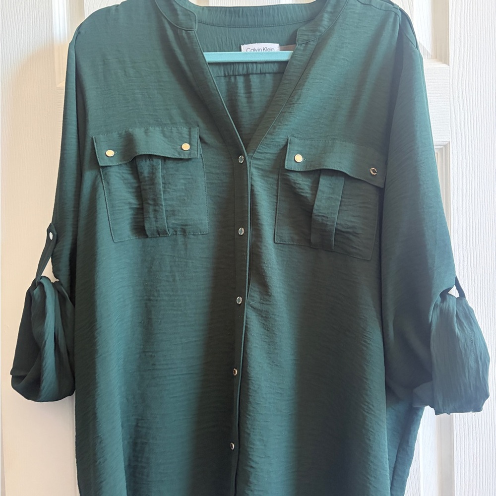 Calvin Klein Forest Green Button-Front Women's Utility Blouse